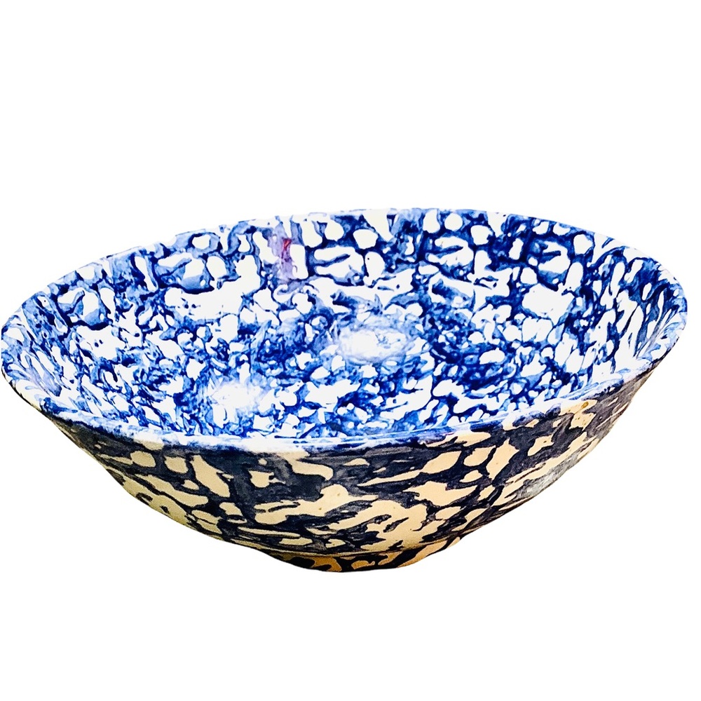 Vintage Large Pottery Pasta Bowl - Blue White Sponge Pattern